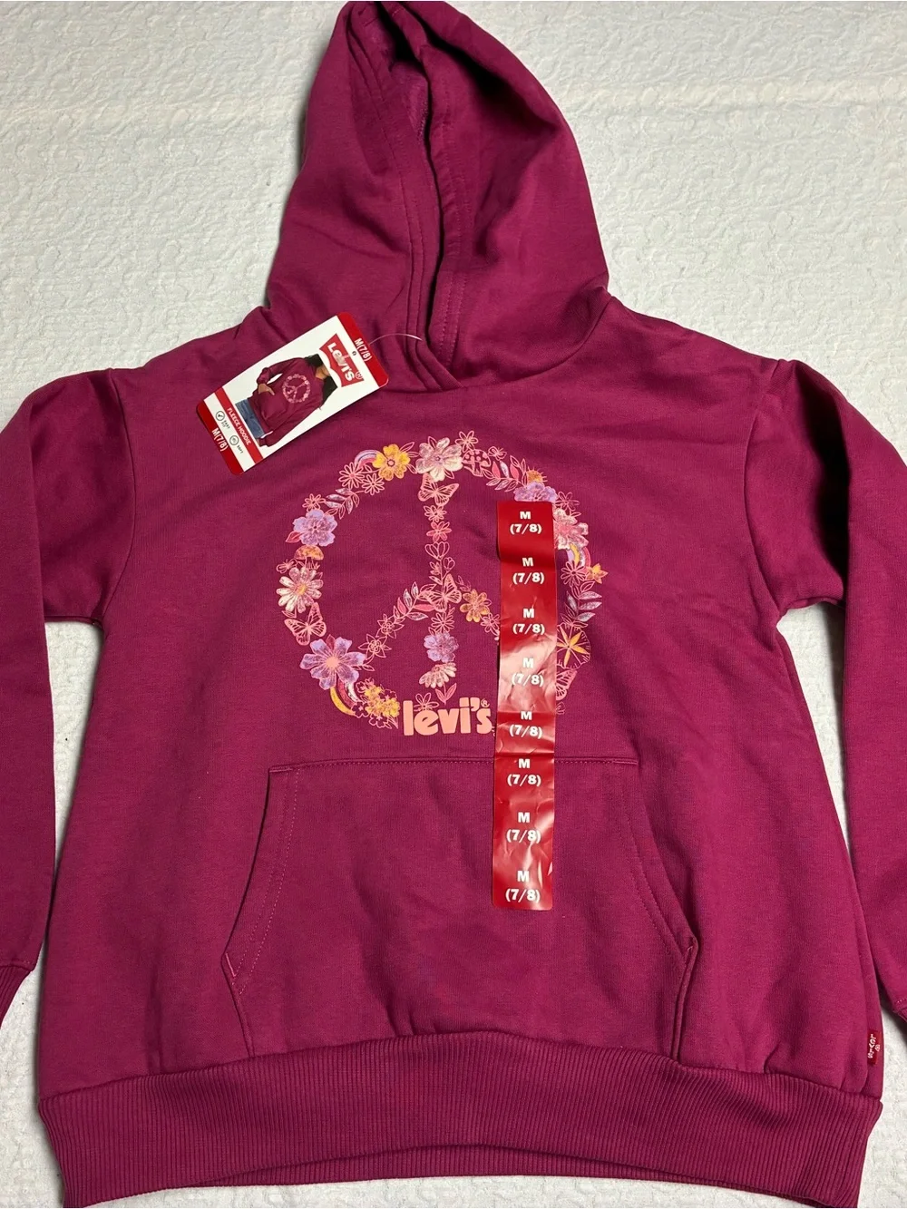 Levi's Girls' Medium Hoodie - Raspberry with Floral Peace Graphic